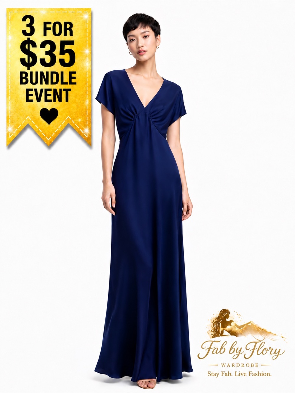 Elegant Navy Blue V-Neck Maxi Dress